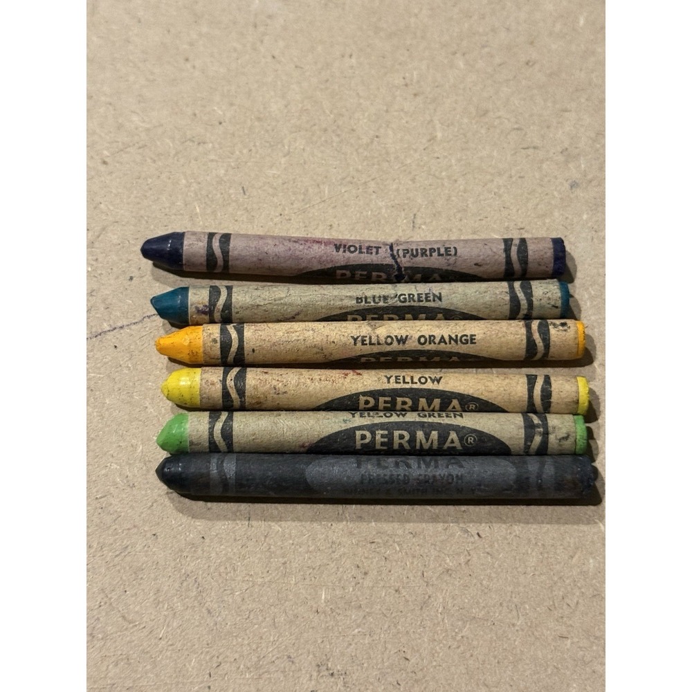 Vtg 6 Perma pressed crayons Binney & Smith Violet Blue Green Yellow‎ Green Y-G